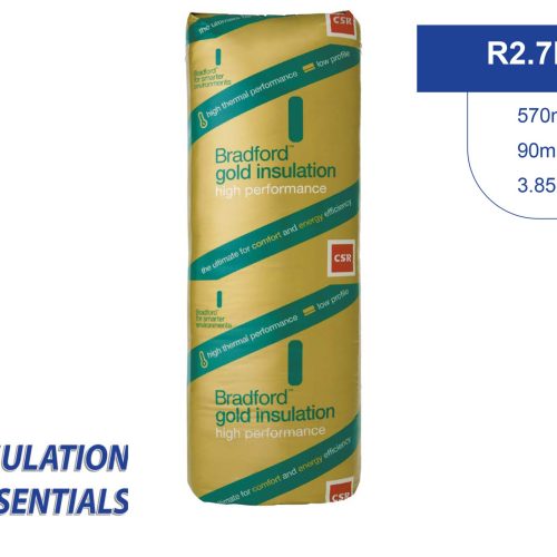 Bradford Gold R2.7HP 570mm wall batts made from lightweight glasswool, designed for energy efficiency, acoustic control, and easy installation