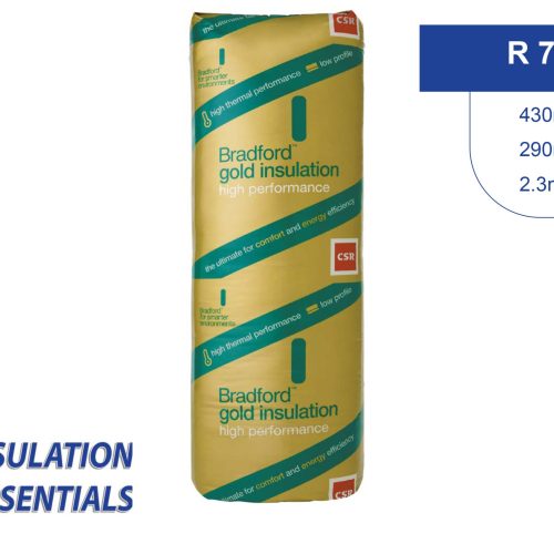 Bradford Gold R7.0 ceiling batts made from lightweight, non-combustible glasswool material, designed to improve home energy efficiency, reduce utility bills, and keep indoor spaces comfortable all year round
