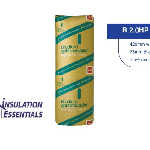 Bradford Gold R2.0HP 420mm wall batts made from lightweight glasswool, designed for energy efficiency, acoustic control, and easy installation